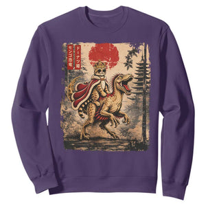 Cat Princess Riding Raptor Dinosaur Sweatshirt Japanese Vintage Graphic Ukiyoe Art TS11 Purple Print Your Wear