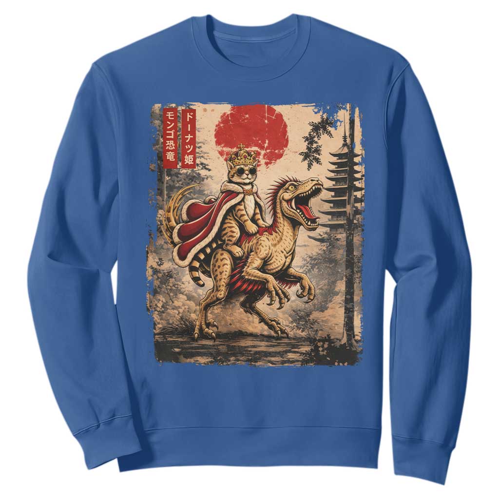 Cat Princess Riding Raptor Dinosaur Sweatshirt Japanese Vintage Graphic Ukiyoe Art TS11 Royal Blue Print Your Wear