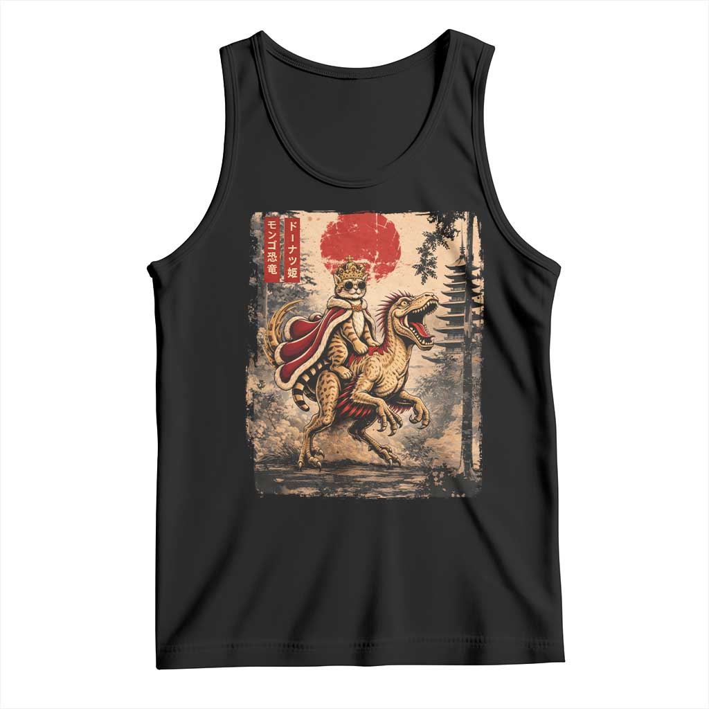 Cat Princess Riding Raptor Dinosaur Tank Top Japanese Vintage Graphic Ukiyoe Art TS11 Black Print Your Wear