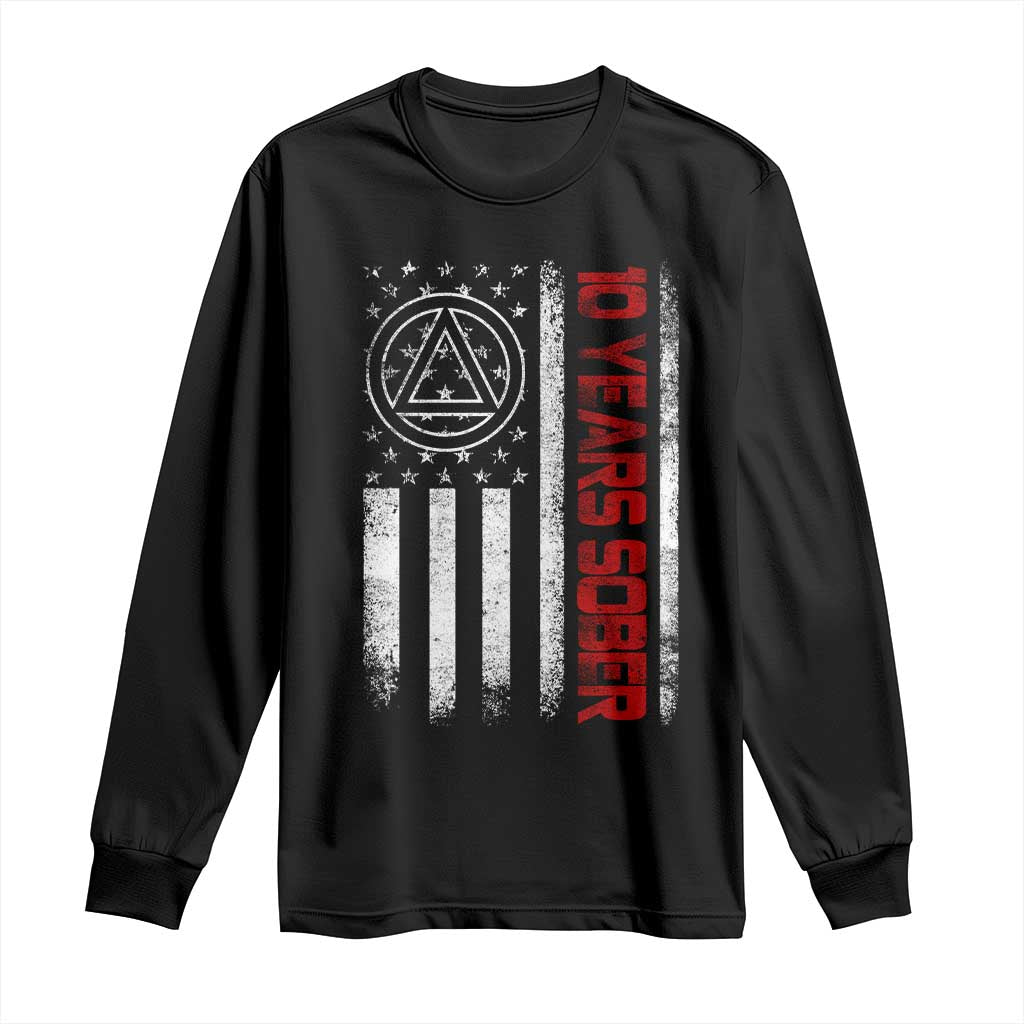 10 Years Sober Long Sleeve Shirt 10 Years Sobriety Anniversary Vintage American Flag TS11 Black Print Your Wear