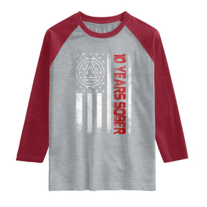 10 Years Sober Raglan Shirt 10 Years Sobriety Anniversary Vintage American Flag TS11 Heather Gray Heather Red Print Your Wear