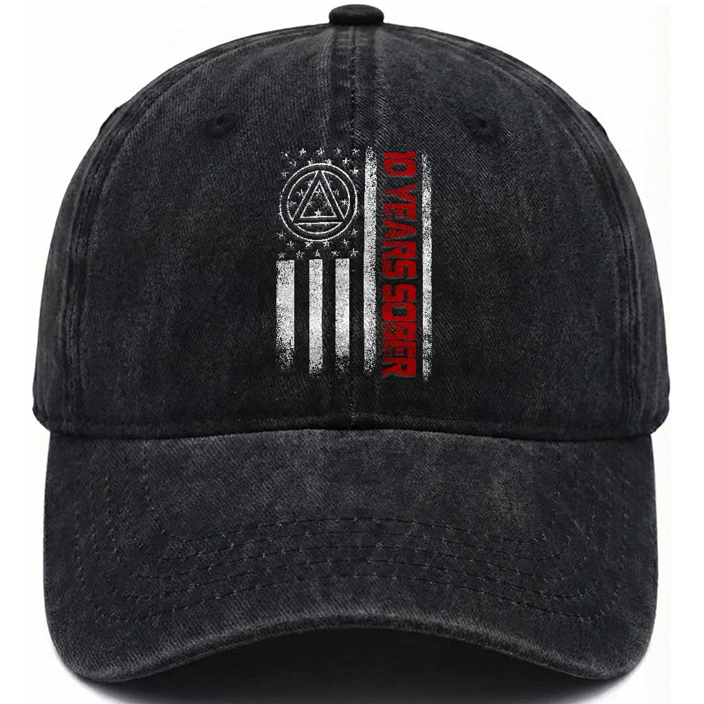 10 Years Sober Washed Cotton Baseball Cap 10 Years Sobriety Anniversary Vintage American Flag TS11 Print Your Wear