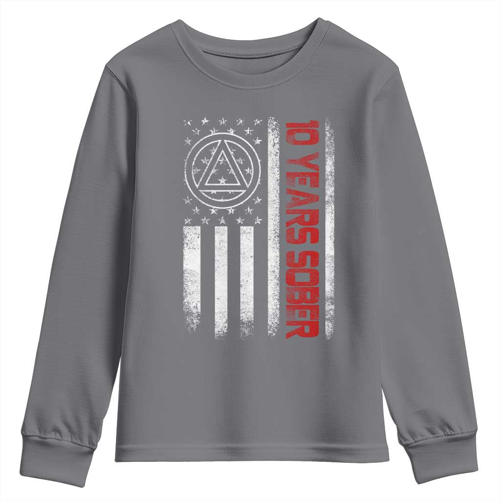 10 Years Sober Youth Sweatshirt 10 Years Sobriety Anniversary Vintage American Flag TS11 Charcoal Print Your Wear