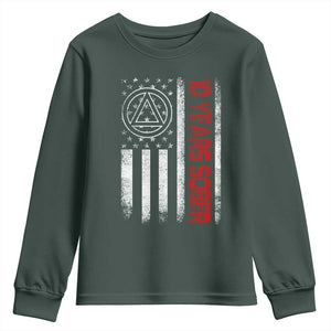10 Years Sober Youth Sweatshirt 10 Years Sobriety Anniversary Vintage American Flag TS11 Dark Forest Green Print Your Wear