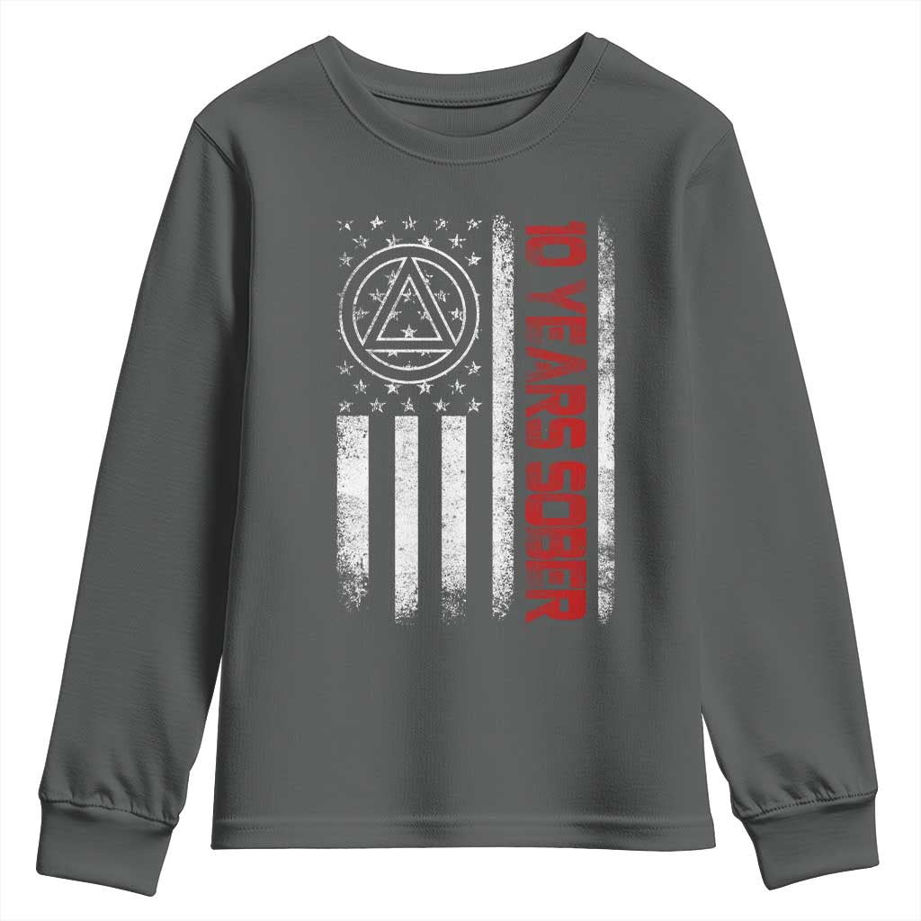10 Years Sober Youth Sweatshirt 10 Years Sobriety Anniversary Vintage American Flag TS11 Dark Heather Print Your Wear