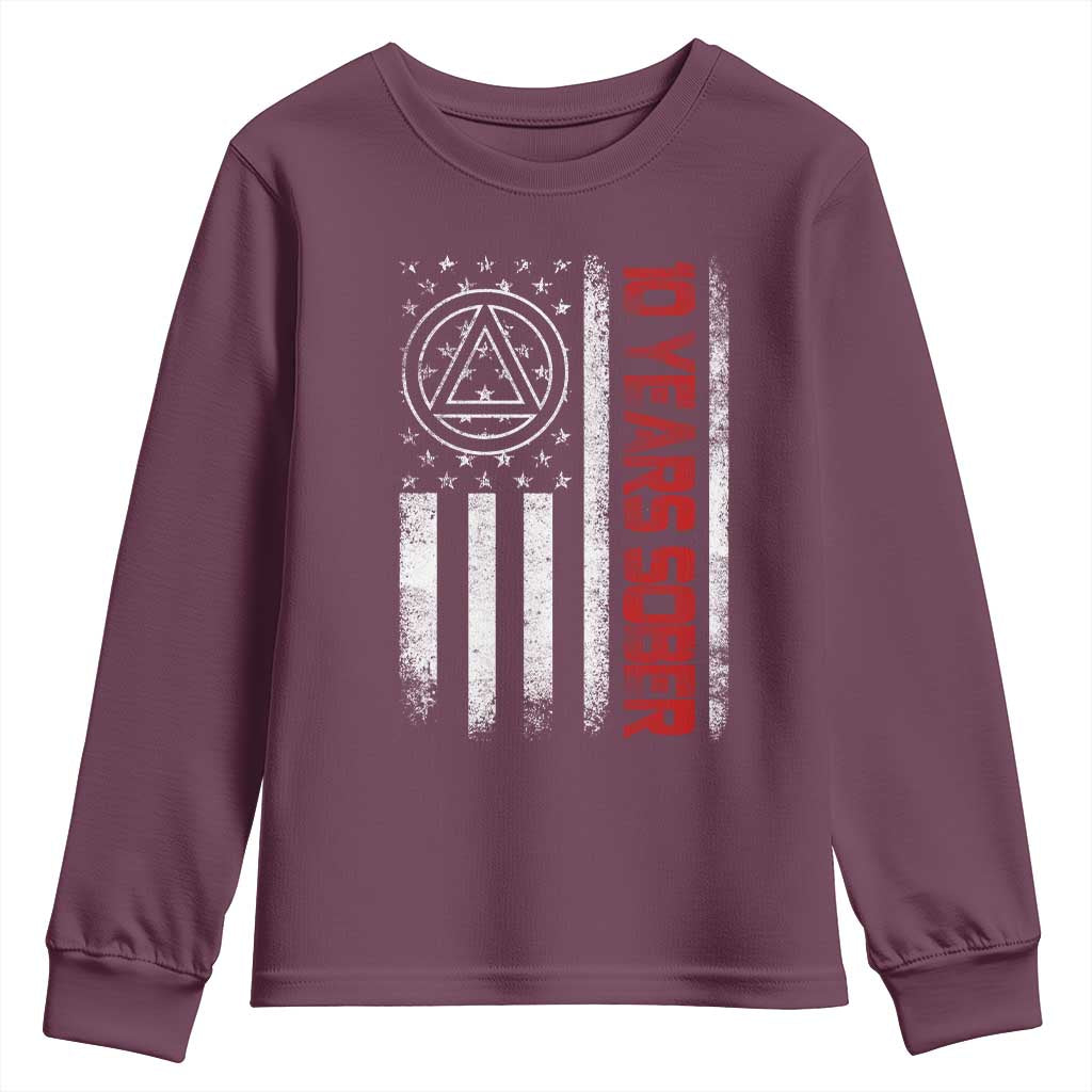 10 Years Sober Youth Sweatshirt 10 Years Sobriety Anniversary Vintage American Flag TS11 Maroon Print Your Wear