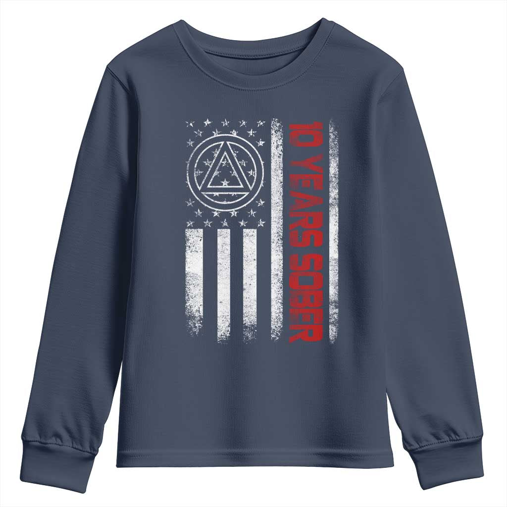 10 Years Sober Youth Sweatshirt 10 Years Sobriety Anniversary Vintage American Flag TS11 Navy Print Your Wear