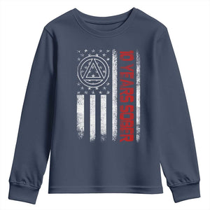 10 Years Sober Youth Sweatshirt 10 Years Sobriety Anniversary Vintage American Flag TS11 Navy Print Your Wear