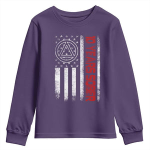 10 Years Sober Youth Sweatshirt 10 Years Sobriety Anniversary Vintage American Flag TS11 Purple Print Your Wear