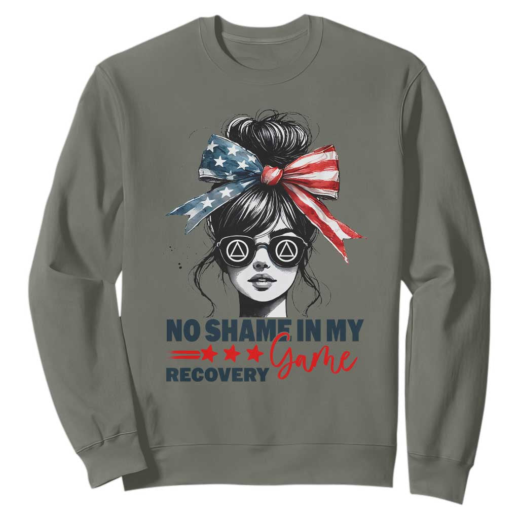 No Shame In My Recovery Game Sweatshirt Sobriety AA NA Anniversary TS11 Military Green Print Your Wear