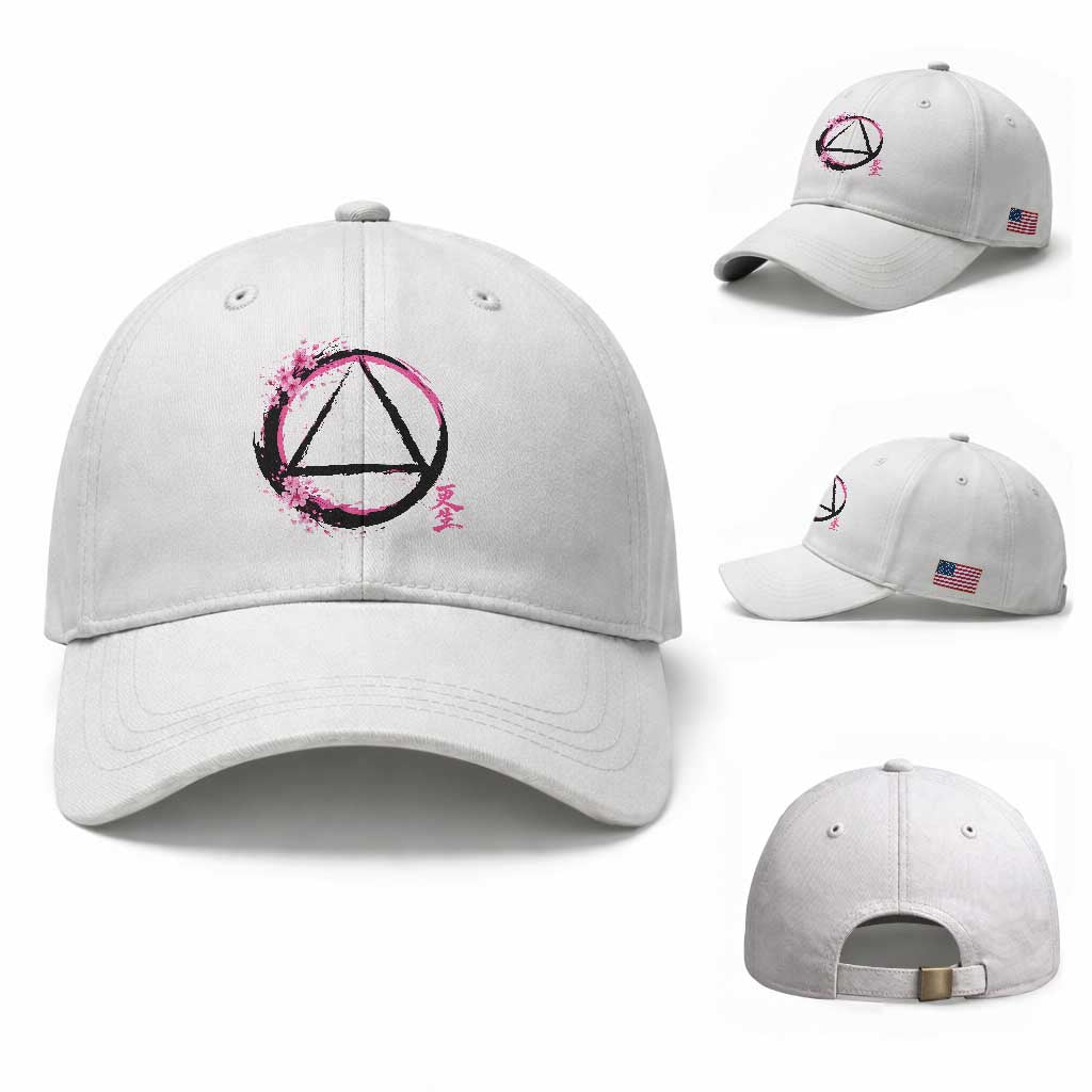AA Sober Symbol Serenity Recovery Baseball Cap Japanese Cherry Blossom Brushstroke Circle TS11 Baseball Cap Universal Fit White Print Your Wear