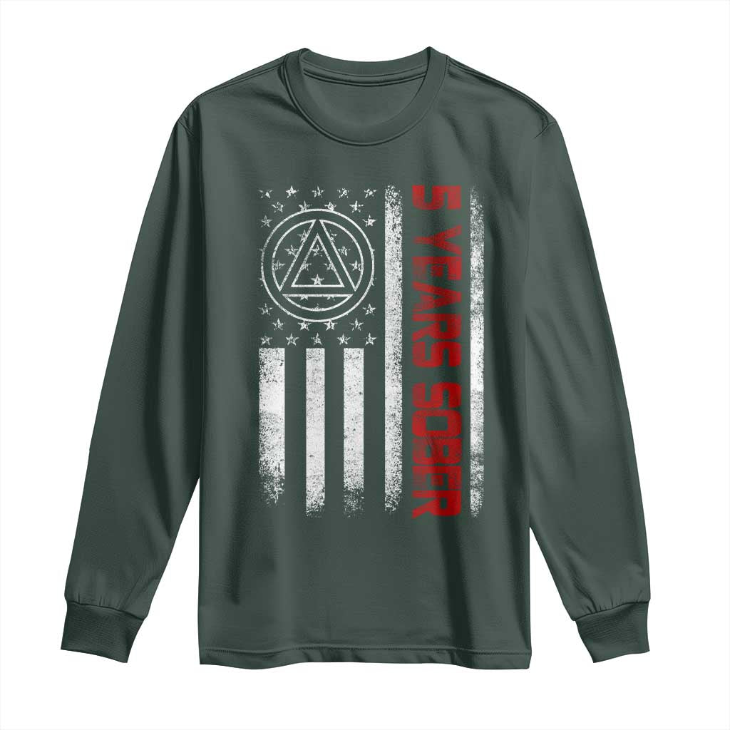 5 Years Sober Long Sleeve Shirt 5 Years Sobriety Anniversary Vintage American Flag TS11 Dark Forest Green Print Your Wear
