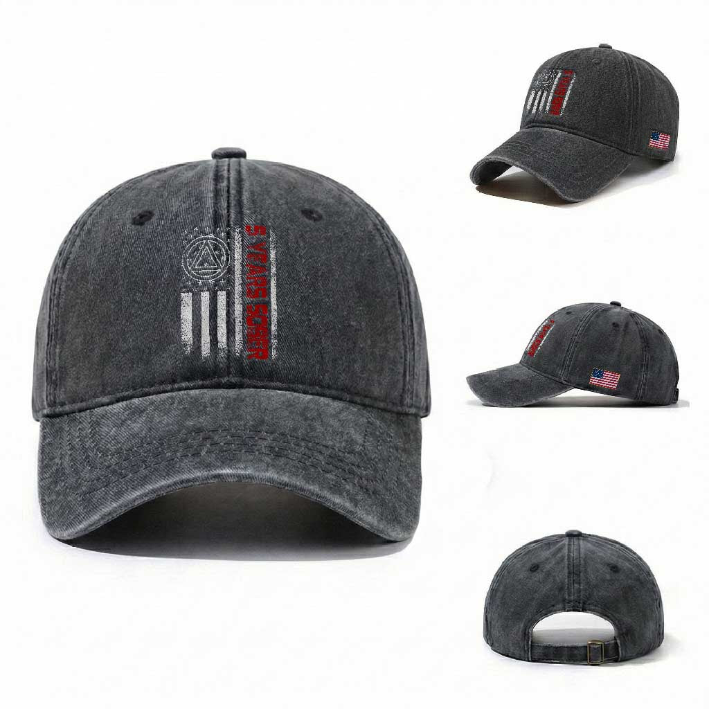 5 Years Sober Washed Cotton Baseball Cap 5 Years Sobriety Anniversary Vintage American Flag TS11 Washed Cap Universal Fit Dark Gray Print Your Wear