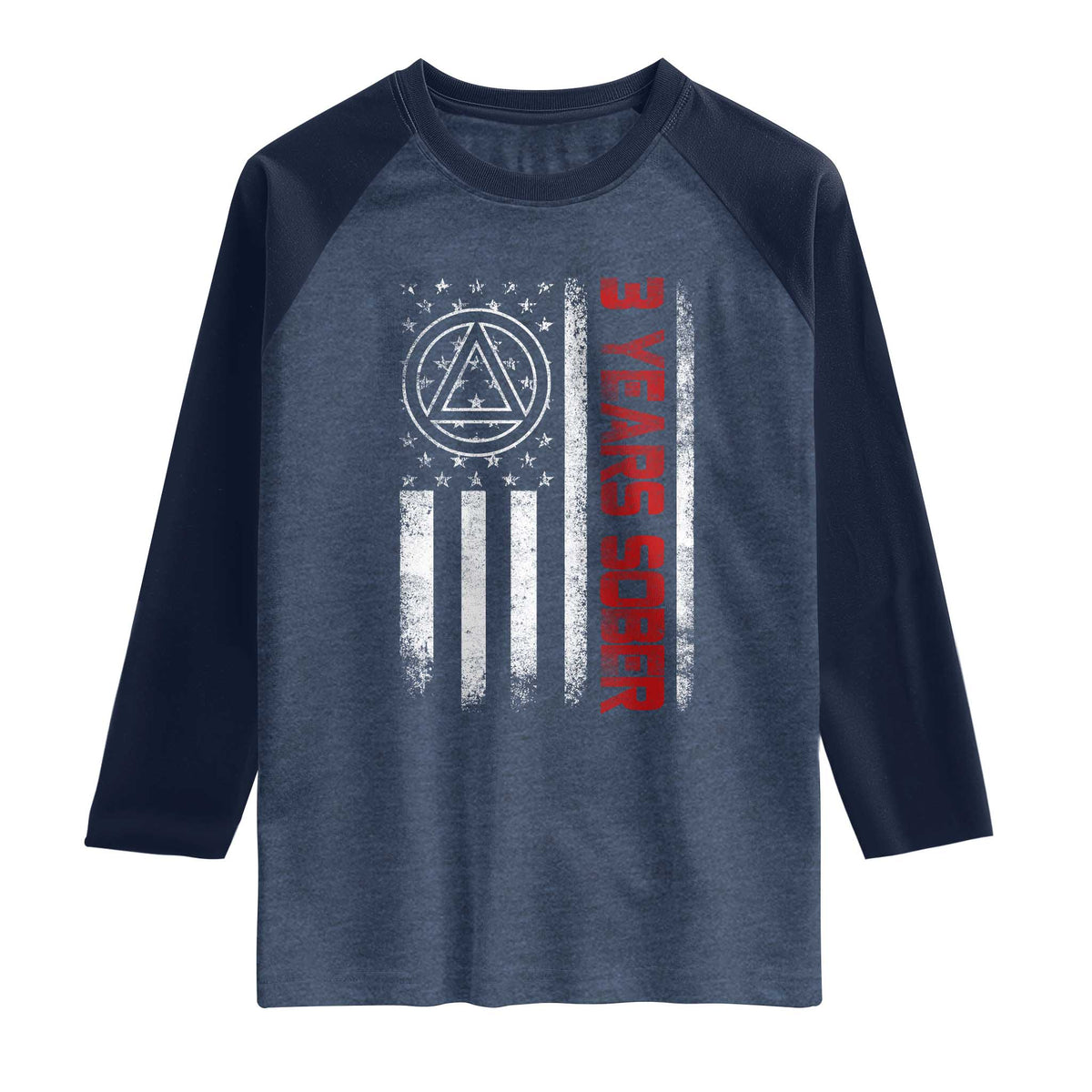3 Years Sober Raglan Shirt 3 Years Sobriety Anniversary Vintage American Flag TS11 Heather Denim Navy Print Your Wear