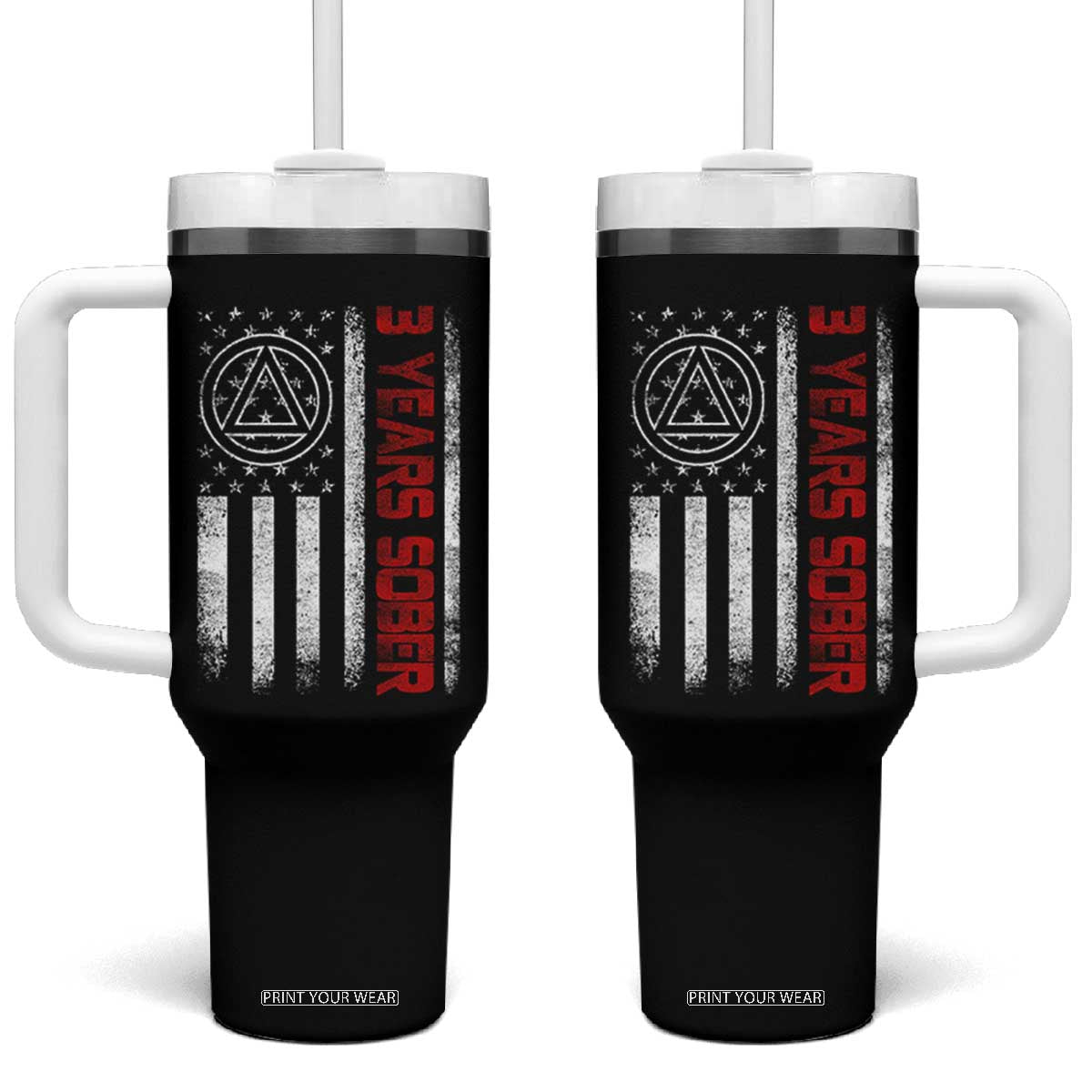 3 Years Sober Tumbler With Handle 3 Years Sobriety Anniversary Vintage American Flag TS11 One Size: 40 oz Black Print Your Wear