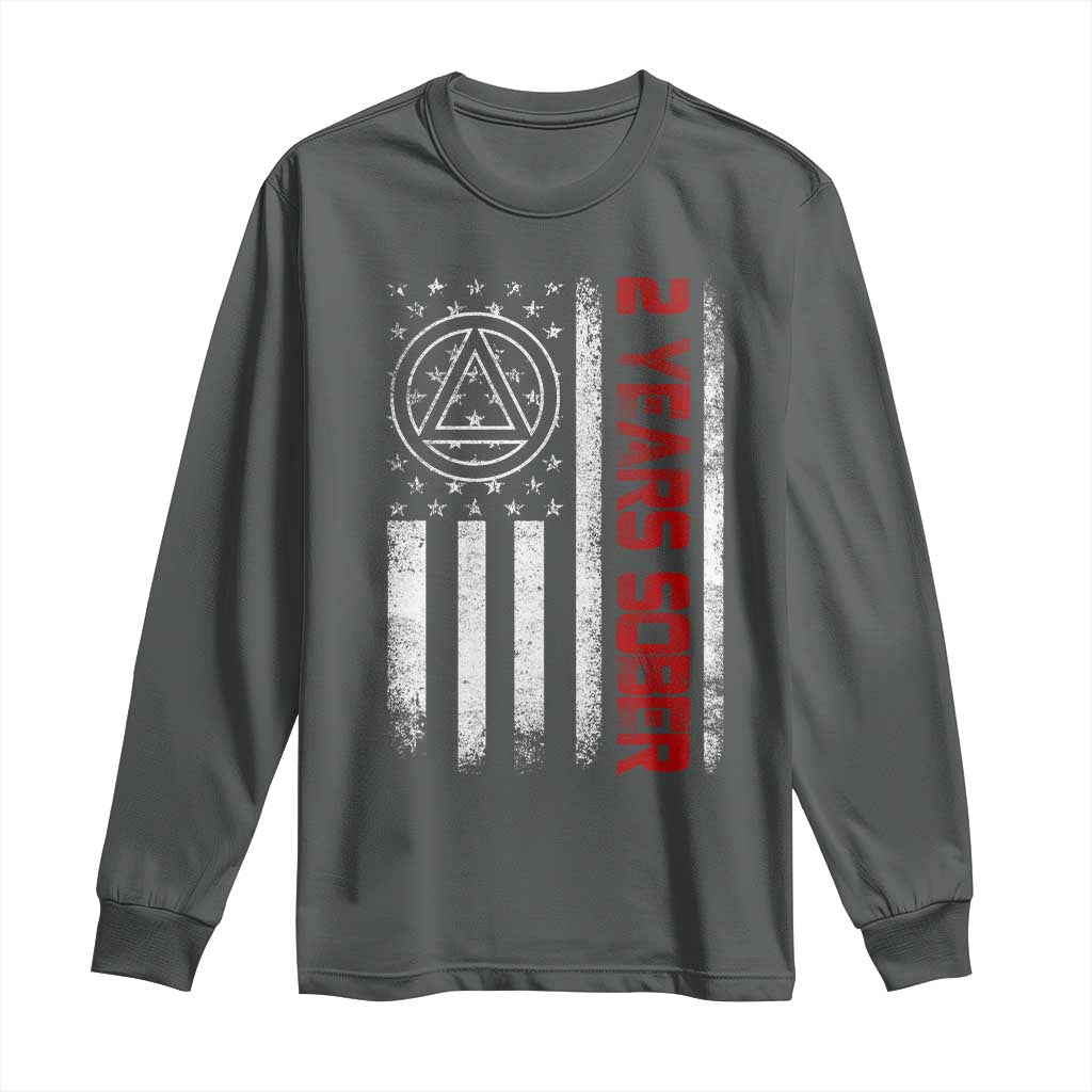 2 Years Sober Long Sleeve Shirt 2 Years Sobriety Anniversary Vintage American Flag TS11 Dark Heather Print Your Wear