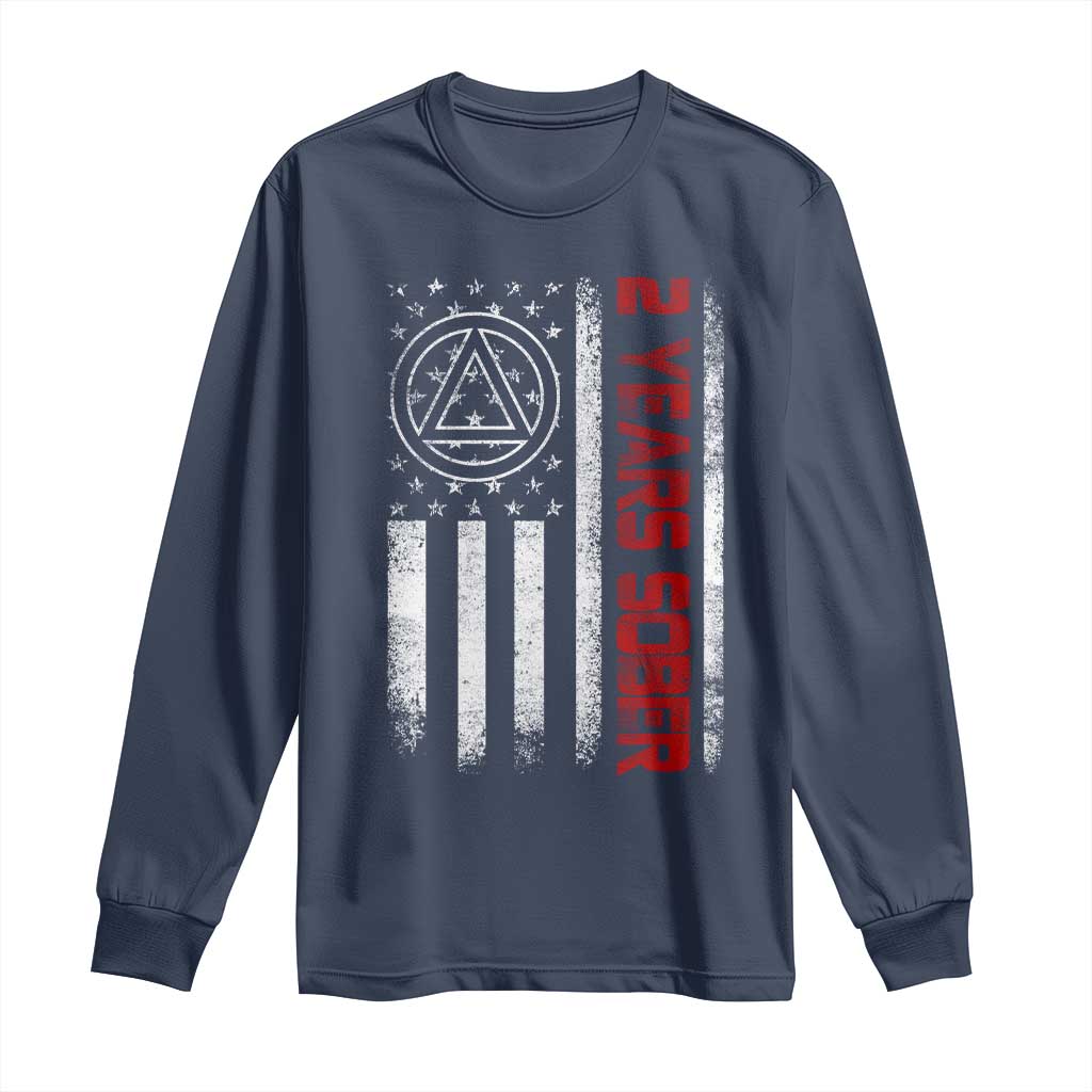 2 Years Sober Long Sleeve Shirt 2 Years Sobriety Anniversary Vintage American Flag TS11 Navy Print Your Wear