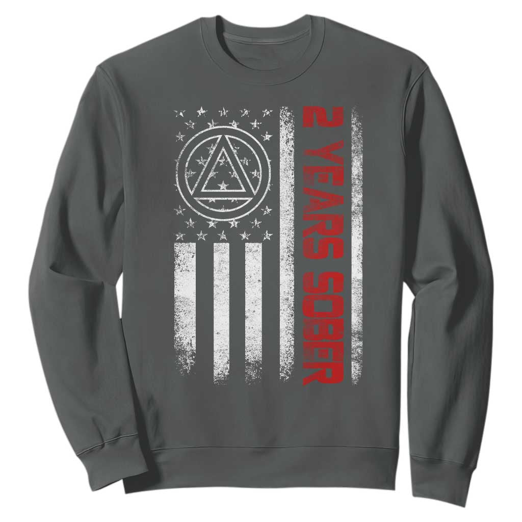 2 Years Sober Sweatshirt 2 Years Sobriety Anniversary Vintage American Flag TS11 Dark Heather Print Your Wear