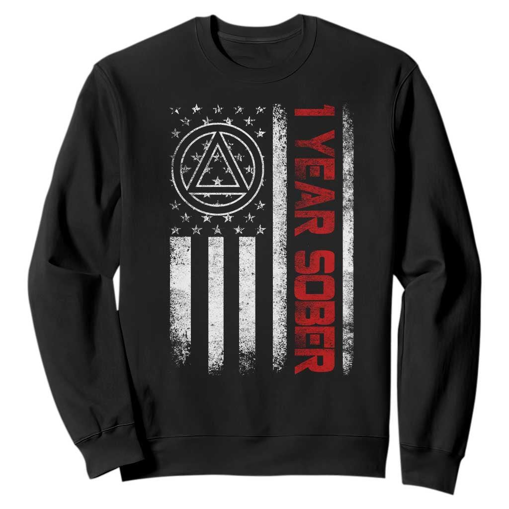 1 Year Sober Sweatshirt 1 Year Sobriety Anniversary Vintage American Flag TS11 Black Print Your Wear