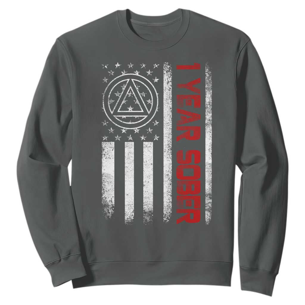 1 Year Sober Sweatshirt 1 Year Sobriety Anniversary Vintage American Flag TS11 Dark Heather Print Your Wear