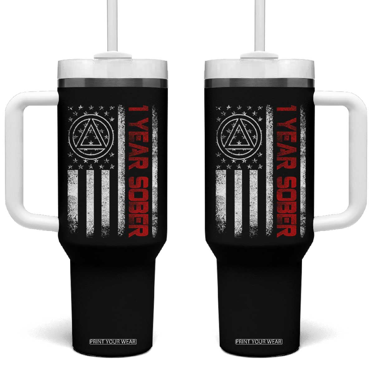 1 Year Sober Tumbler With Handle 1 Year Sobriety Anniversary Vintage American Flag TS11 One Size: 40 oz Black Print Your Wear