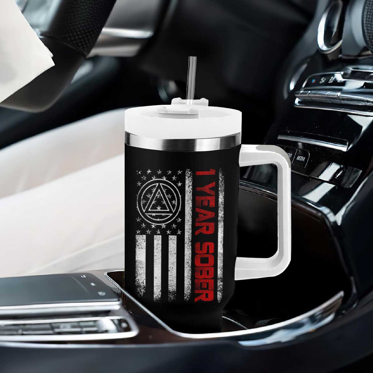 1 Year Sober Tumbler With Handle 1 Year Sobriety Anniversary Vintage American Flag TS11 Print Your Wear