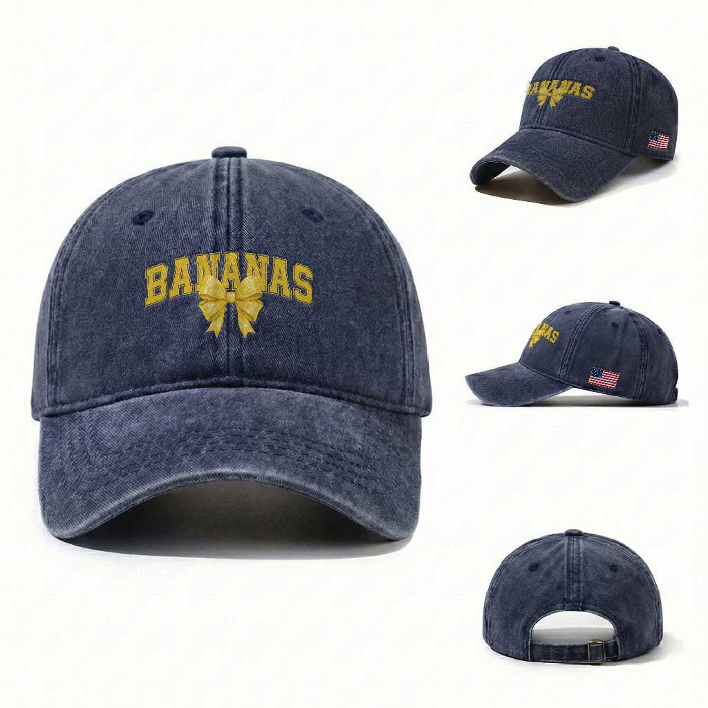 Funny Bananas Coquette Bow Baseball Player Washed Cotton Baseball Cap TS11 Washed Cap Universal Fit Navy Print Your Wear