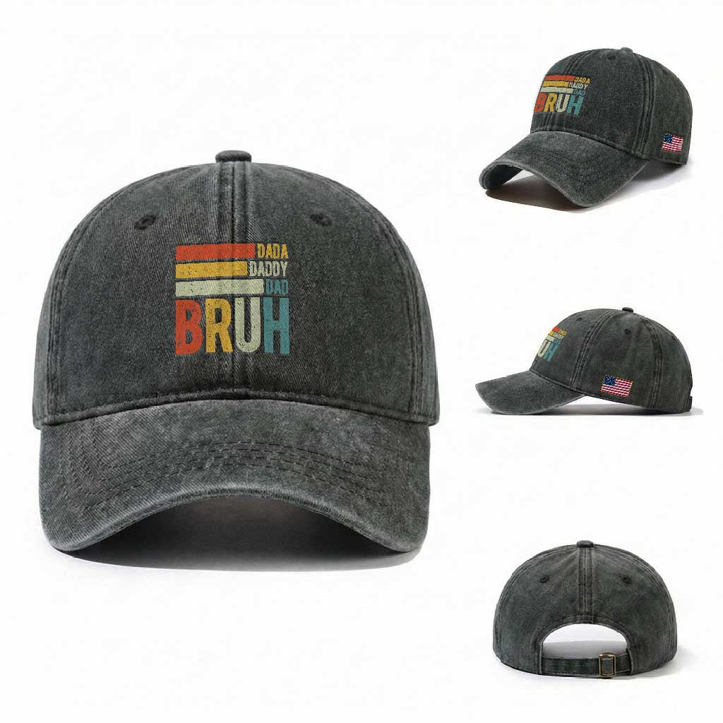 Funny Dada Daddy Dad Bruh Washed Cotton Baseball Cap Fathers Day Vintage Stripes TS11 Washed Cap Universal Fit Dark Green Print Your Wear