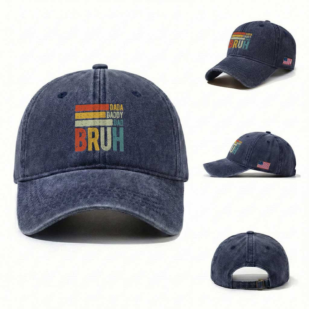 Funny Dada Daddy Dad Bruh Washed Cotton Baseball Cap Fathers Day Vintage Stripes TS11 Washed Cap Universal Fit Navy Print Your Wear