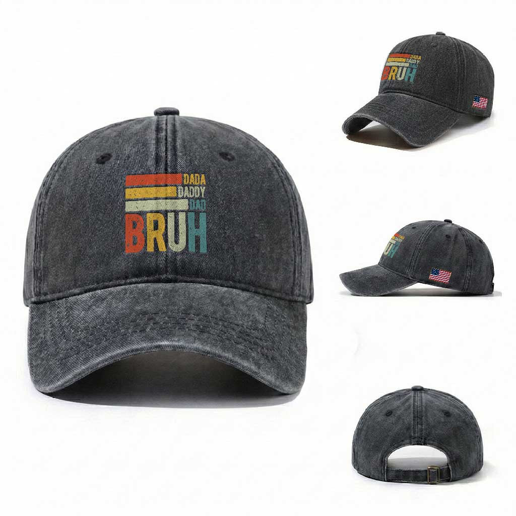 Funny Dada Daddy Dad Bruh Washed Cotton Baseball Cap Fathers Day Vintage Stripes TS11 Washed Cap Universal Fit Dark Gray Print Your Wear