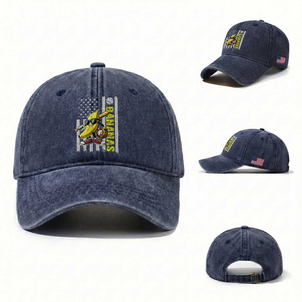 Funny Bananas Lover Baseball Vintage American Flag Washed Cotton Baseball Cap TS11 Washed Cap Universal Fit Navy Print Your Wear