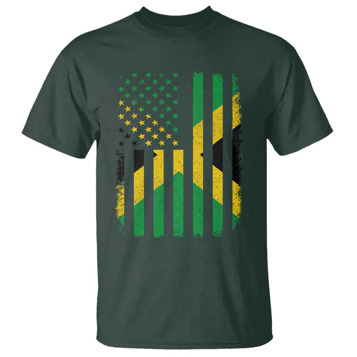 Jamaican American Distressed Patriotic Flag T Shirt TS11 Dark Forest Green Print Your Wear