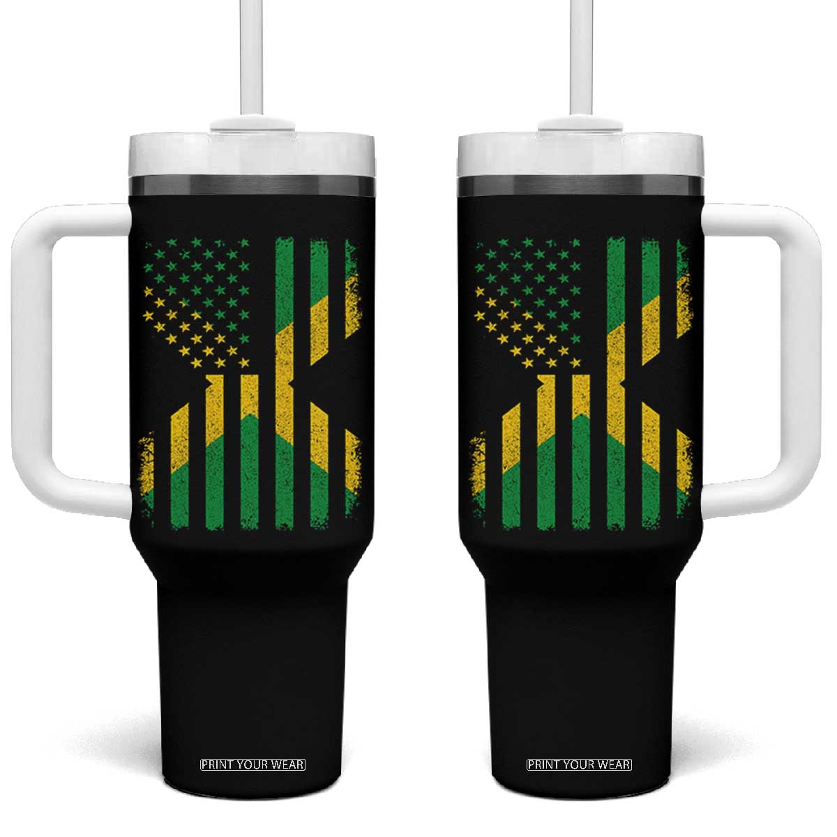 Jamaican American Distressed Patriotic Flag Tumbler With Handle TS11 One Size: 40 oz Black Print Your Wear