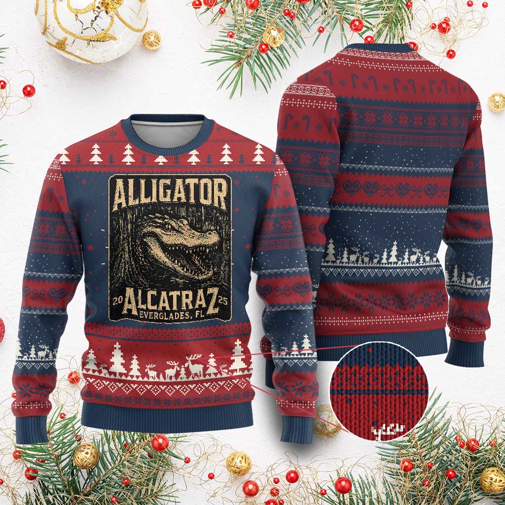 Funny Alligator Alcatraz Knit Sweatshirt Florida Everglades Alligatraz Meme 2025 TS11 Burgundy Print Your Wear