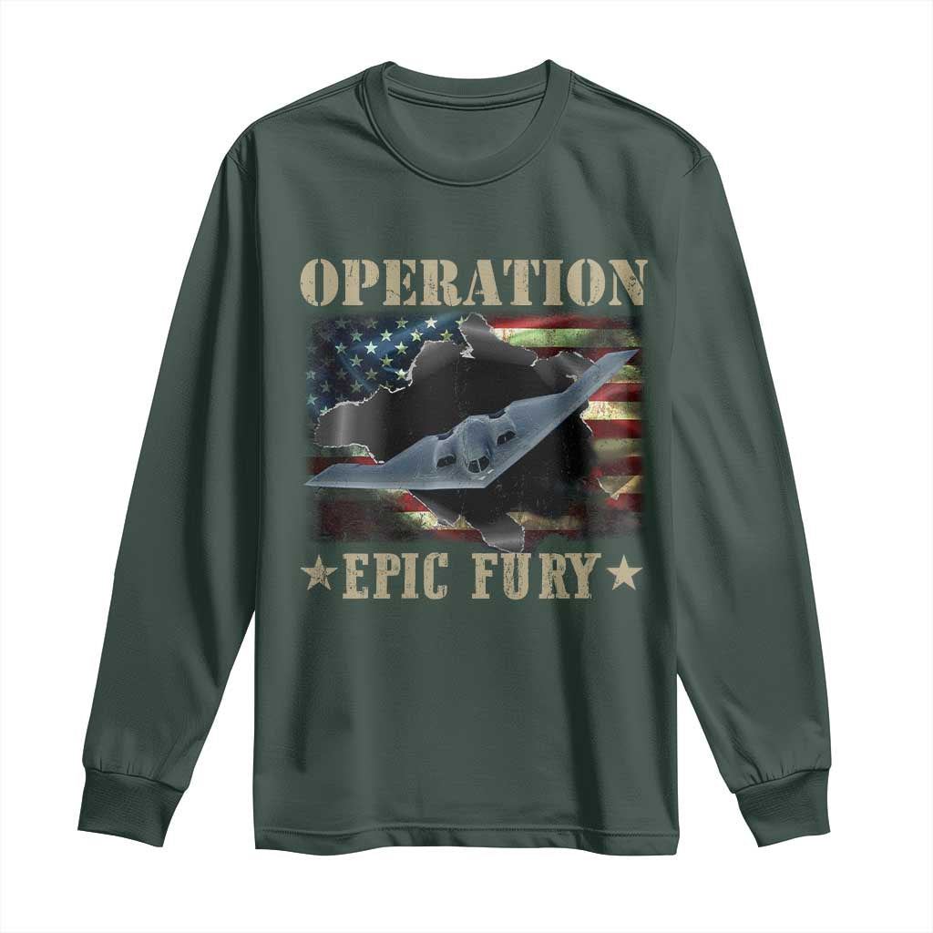 Operation Epic Fury Long Sleeve Shirt Military Bomber Jet American Flag TS11 Dark Forest Green Print Your Wear