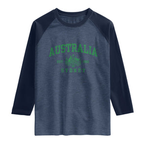 Australia Sydney Est 1901 Raglan Shirt Commonwealth Vintage Crest TS11 Heather Denim Navy Print Your Wear
