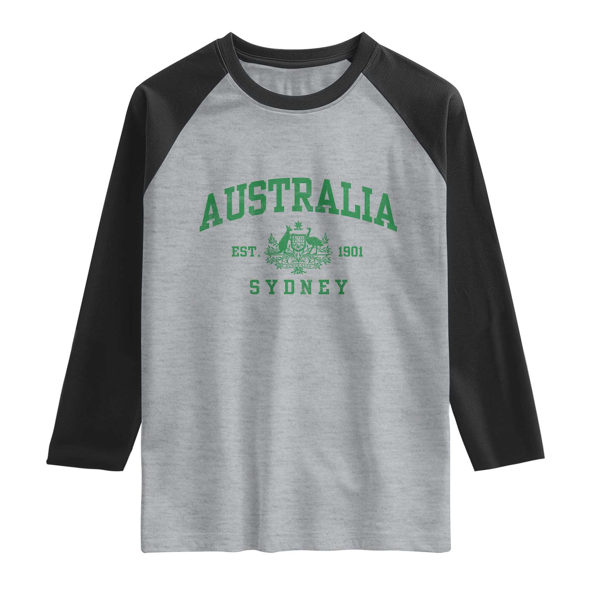 Australia Sydney Est 1901 Raglan Shirt Commonwealth Vintage Crest TS11 Heather Gray Black Print Your Wear