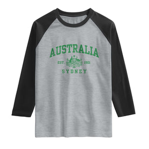 Australia Sydney Est 1901 Raglan Shirt Commonwealth Vintage Crest TS11 Heather Gray Black Print Your Wear