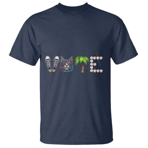 Funny Vote For Kamala T Shirt Voter Rights Shoes Cat Coconut Tree Pearls TS11 Navy Print Your Wear