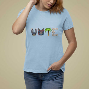 Funny Vote For Kamala T Shirt For Women Voter Rights Shoes Cat Coconut Tree Pearls TS11 Light Blue Print Your Wear