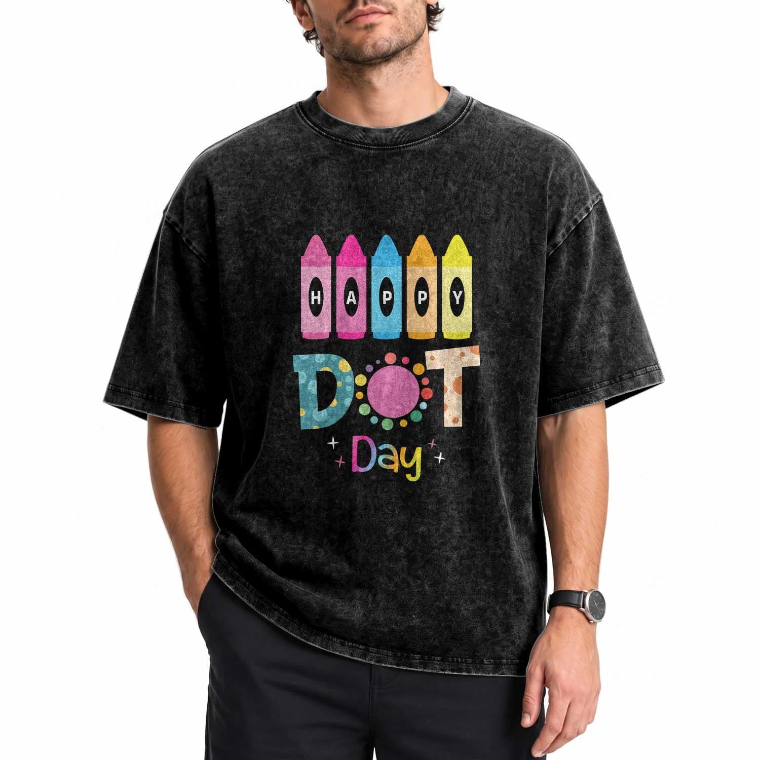 Happy Dot Day Washed Cotton T-Shirt Colorful Polka Dot Crayon Kindergarten