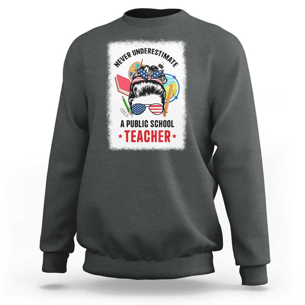Tim Walz Sweatshirt Never Underestimate A Public School Teacher Messy Bun TS11 Dark Heather Print Your Wear