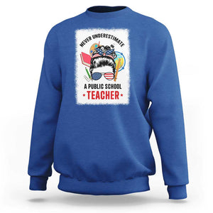 Tim Walz Sweatshirt Never Underestimate A Public School Teacher Messy Bun TS11 Royal Blue Print Your Wear