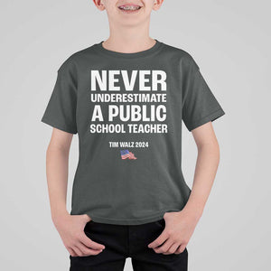 Tim Walz 2024 T Shirt For Kid Never Underestimate A Public School Teacher American Flag TS11 Dark Heather Print Your Wear