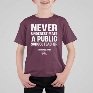 Tim Walz 2024 T Shirt For Kid Never Underestimate A Public School Teacher American Flag TS11 Maroon Print Your Wear