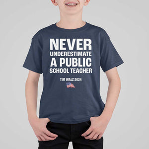 Tim Walz 2024 T Shirt For Kid Never Underestimate A Public School Teacher American Flag TS11 Navy Print Your Wear