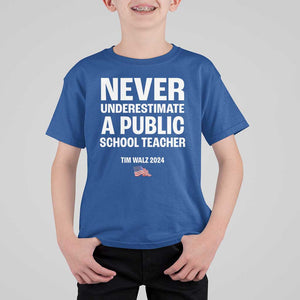 Tim Walz 2024 T Shirt For Kid Never Underestimate A Public School Teacher American Flag TS11 Royal Blue Print Your Wear