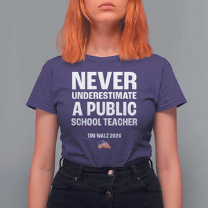 Tim Walz 2024 T Shirt For Women Never Underestimate A Public School Teacher American Flag TS11 Purple Print Your Wear