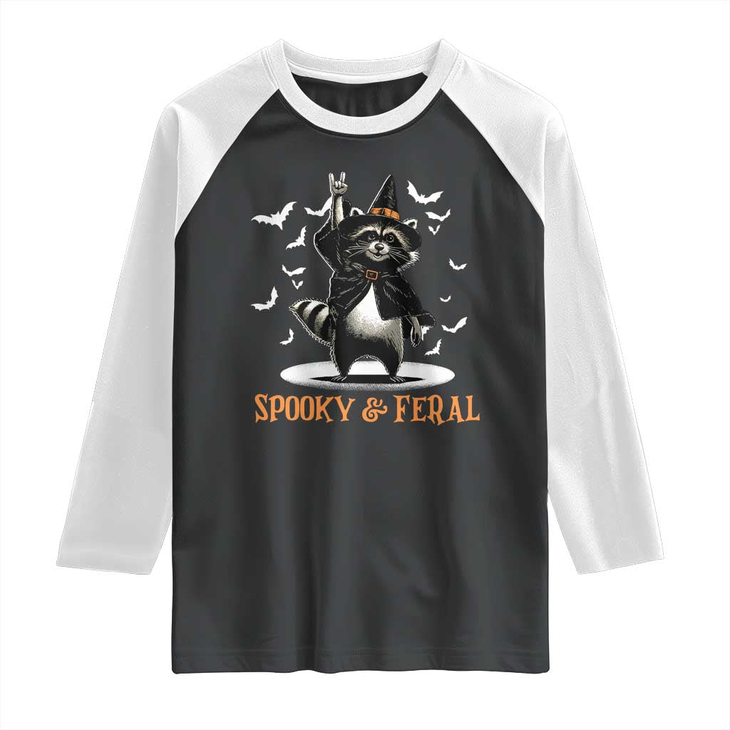 Funny Spooky And Feral Raccon Halloween Raglan Shirt Racoon Lover TS11 Black White Print Your Wear