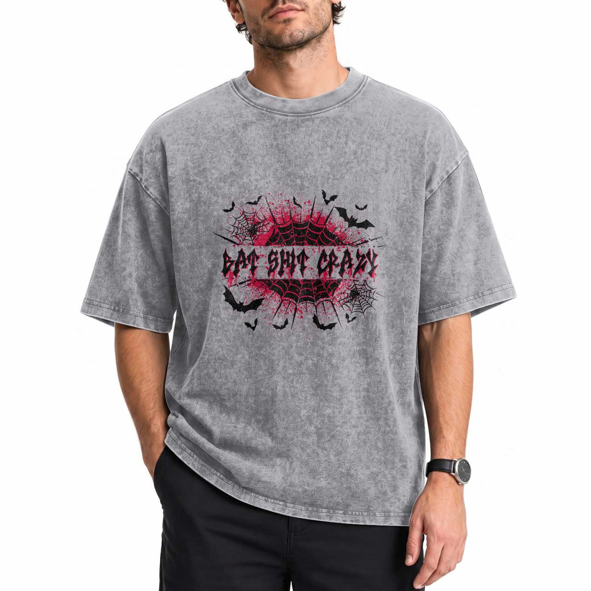 Funny Halloween Bat Shit Crazy Washed Cotton T-Shirt Horror Spider Web